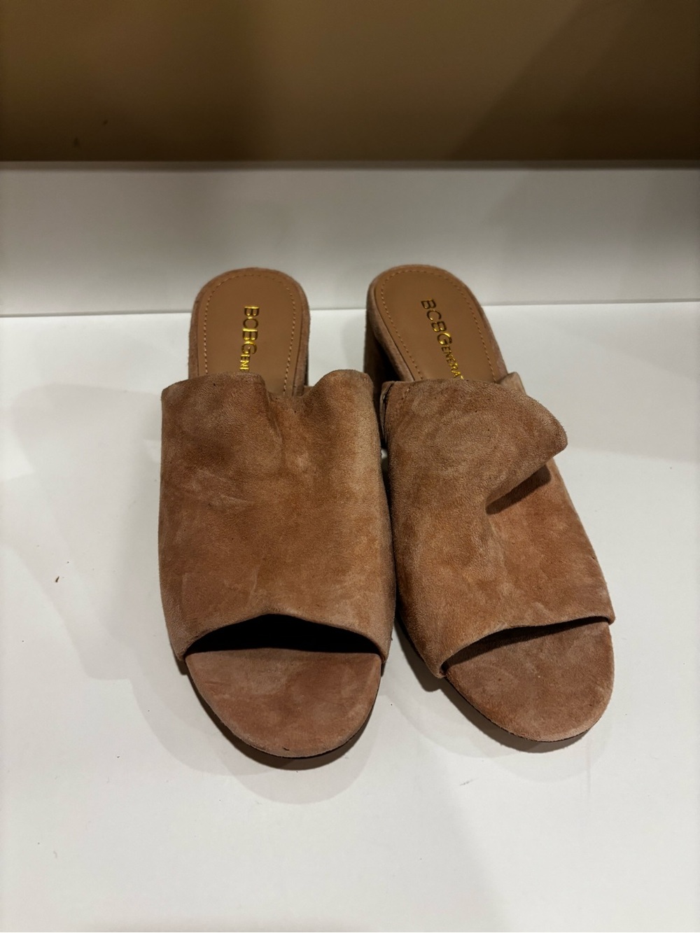 BCBGMaxAzria Tan Suede Open-Toe Slide Mules